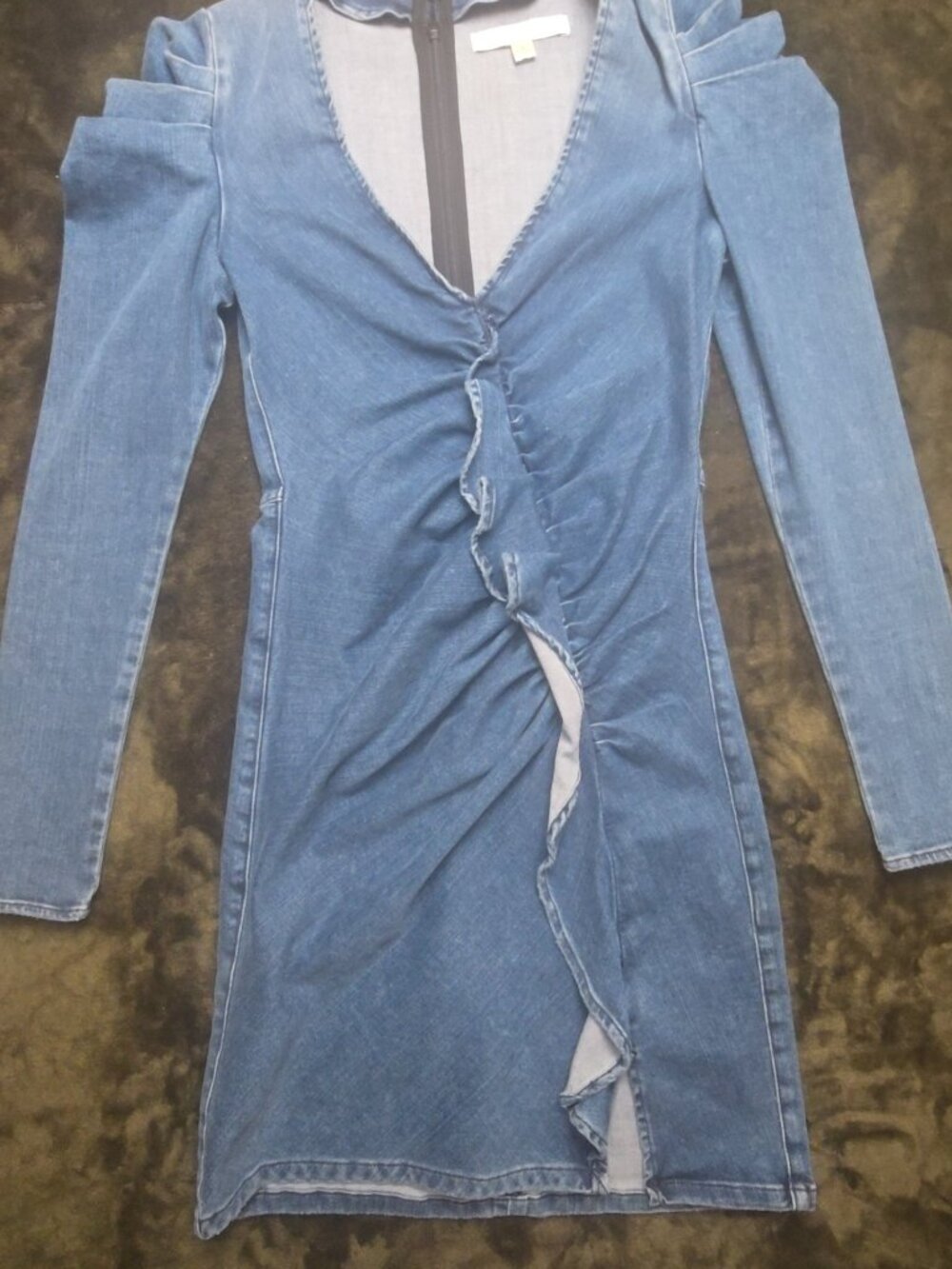 Jonathan Simkhai Denim Ruffle Dress, Long Sleeve Puff Shoulder, Size 4